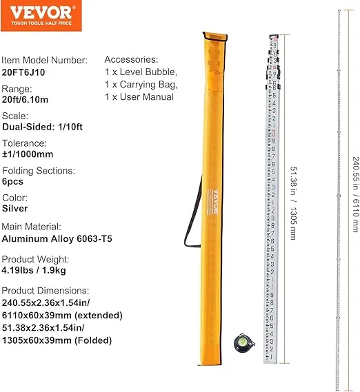 VEVOR Aluminum Grade Rod, 20-Feet/10ths 6 Sections Telescopic Measuring Rod,Double-Sided Scale 1/10ft Leveling Rod Stick, Aluminum Alloy Survey Rod w/Bubble Level &Carrying Bag for Houses,Walls,Floor