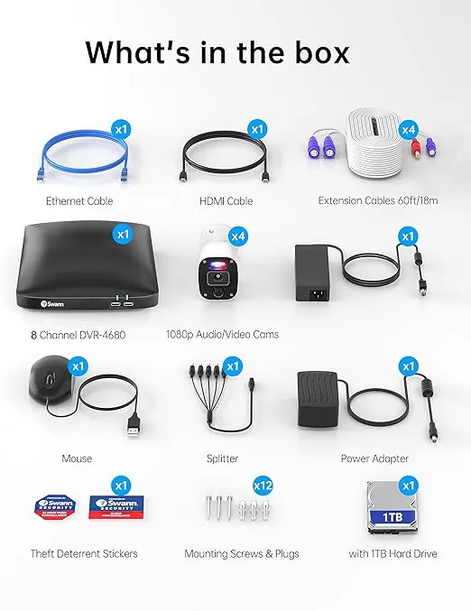 Swann Security Camera System, 1080p DVR Bullet Surveillance Cameras with 1TB HDD, 8 Channel 4 Cam, Indoor Outdoor Wired Surveillance Camera, Color Night Vision, Heat Motion Detection, LEDs
