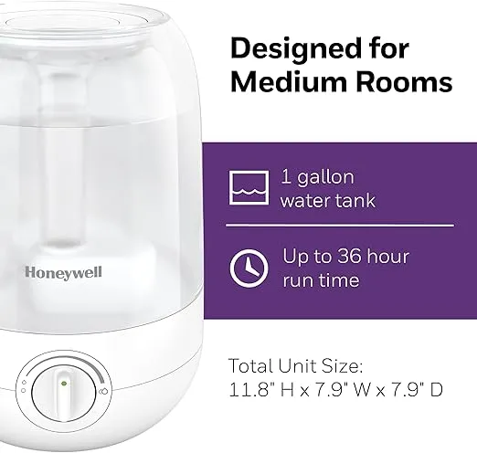 Honeywell Ultra Comfort Cool Mist Humidifier, White Cool Mist Humidifier for Bedroom, Room or Office. Easy to use, ultra-quiet operation for kids or baby humidifier, HUL545W