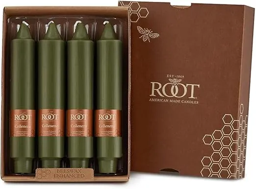 Root Candles 4-Count Unscented Dinner Dripless Beeswax Enhanced Smooth Collenette Boxed Candle Set, 7-Inch, Dark Olive