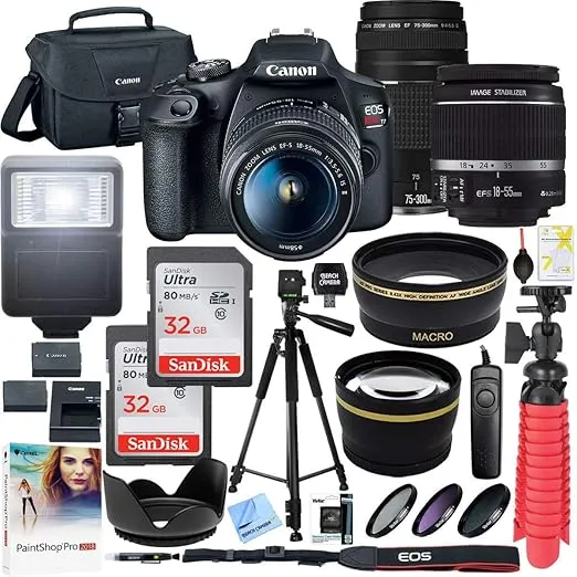 Canon T7 EOS Rebel DSLR Camera with EF-S 18-55mm f/3.5-5.6 is II and EF 75-300mm f/4-5.6 III Lens and Two (2) 32GB SDHC Memory Cards Plus Double Battery Accessory Bundle