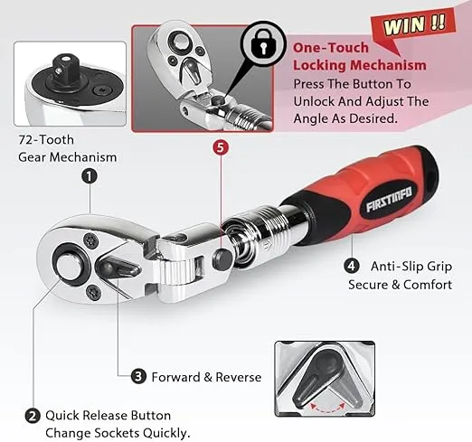 FIRSTINFO 1/4-Inch Drive Flex Head Extendable Ratchet | 72 Tooth Quick Release Reversible Ratcheting with Soft Grip Handle, 6.7 to 8.6 Inch Lengths