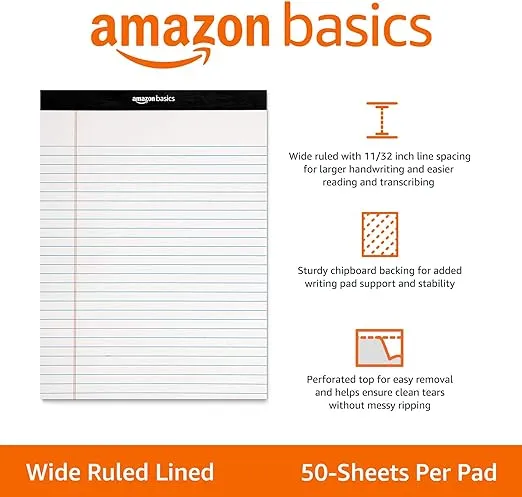 Amazon Basics Wide Ruled Lined Writing Note Pads, 8.5 inch x 11.75 inch, White, 12 Count (12 Pack of 50)