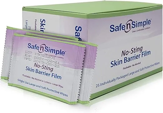 Safe n' Simple Skin Barrier Wipes - 25 Large 5” x 7” Individually Wrapped No-Sting Barrier Film Wipes - Skin Prep Protective Wipes - Bandage Medical Barrier Film for Skin