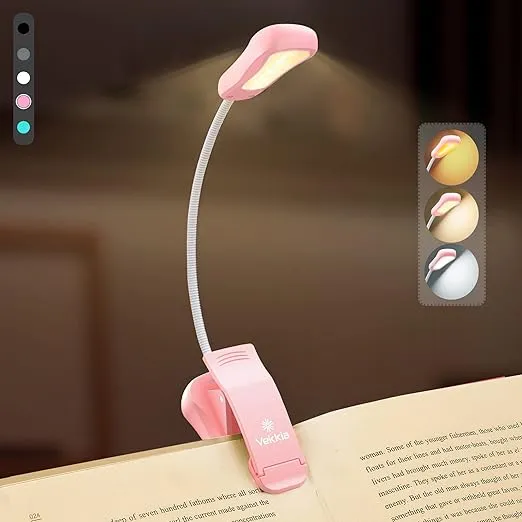 Vekkia Rechargeable Book Light for Reading in Bed, 3 Color x 3 Brightness, Lightweight Reading Light, Up to 70 Hours Lighting, Great for Readers, Travel (Pink)