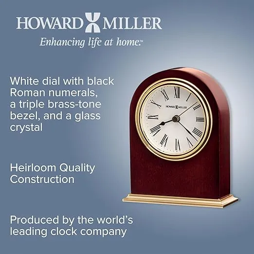 Howard Miller Craven Table Clock 645-401 – Modern Arched Shaped Clock, Low-Gloss Rosewood Hall Finish, Brass Finish Metal Bass, Felt Bottom, Quartz Movement