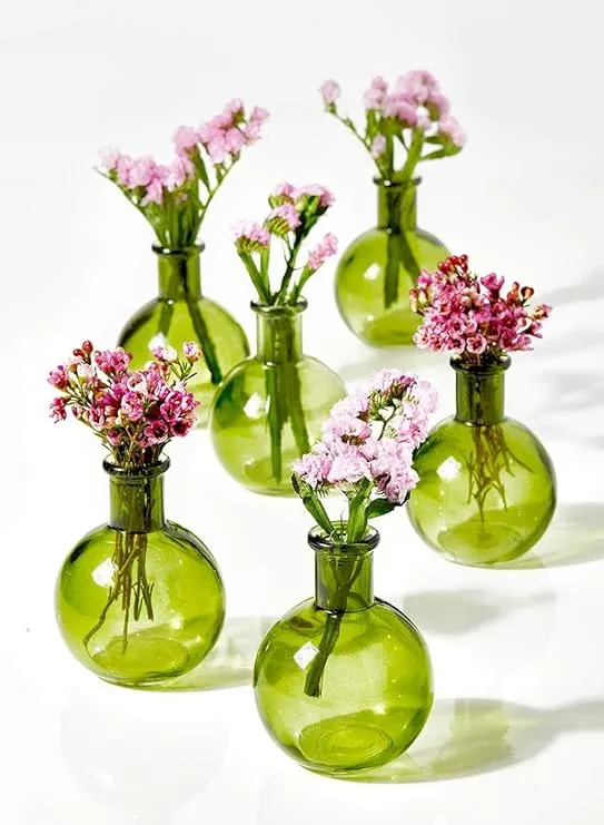 Serene Spaces Living Set of 6 Small Green Ball Bud Vases, Transparent Glass Vases for Weddings, Events, Parties, Floral Centerpieces for Home Decor, Measures 4" Tall