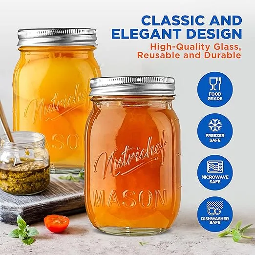 NutriChef 8-Pack 16 oz Mason Jars with Lids - Thick Glass Canning Jars with Stainless Steel Lids - Ideal for DIY Spices, Meal Prep, Overnight Oats, Jelly, Jam, Honey, Candles, Crafts, & More