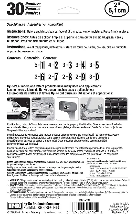 HY-KO Products MM-22N Self-Adhesive Vinyl Numbers, 2 Inch High, Reflective, 30 Count