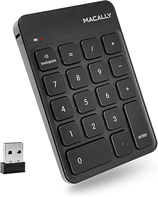 Macally Wireless Number Pad | Numeric Keypad | Wireless 10 Key for Laptop PC Computer Notebook Surface Chrome (2.4G USB) Perfect for Data Entry Numpad Number Keyboard