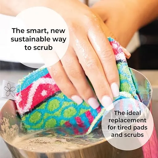 Skoy Scrub, 4-Pack Reusable, Non-Scratching Dish Scrubber for Kitchen and Household Cleaning, Planet-Friendly, Dishwasher Safe Soft Scrub, Assorted Colors and Designs