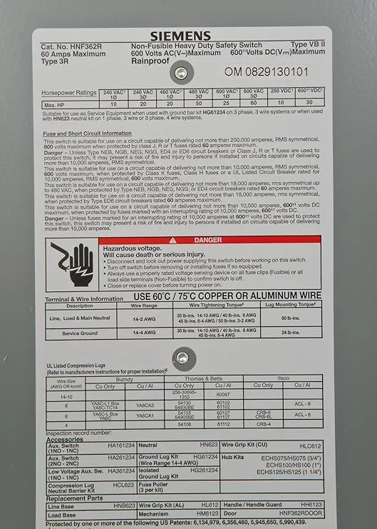 Siemens HNF362R 60-Amp 3 Pole 600-volt 3 Wire Non-Fused Heavy Duty Safety Switches
