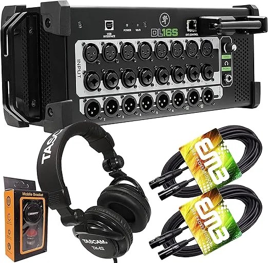 Mackie DL16S 16-Channel Digital Rack Mixer with Integrated 16-in/16-out USB 2.0 Audio Interface + Pro Headphone with Pair of EMB XLR Cable and Gravity Magnet Phone Holder Bundle TH02 (2)+M