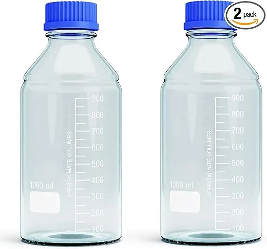 1000ml Storage Glass Bottles – 2pcs Round Media Storage Bottle – Borosilicate Glass Bottles – Safe Probe Storage Glass Storage Bottles with GL45 Blue Screw Cap (1000ml - 2pcs)