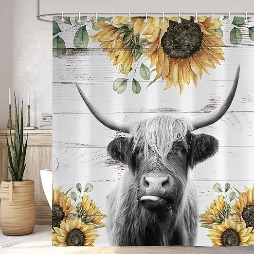 iTapnoom Highland Cow Shower Curtains Sets for Bathroom, Farmhouse Rustic Funny Cattle Bull Farm Animal with Sunflower on Wooden Board Fabric Shower Curtains, Restroom Decor Accessories with Hooks