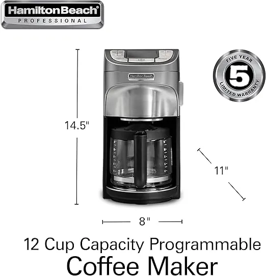 Hamilton Beach Professional Programmable Drip Coffee Maker, 12 Cup Capacity Ergonomic Carafe, 60oz Removable Reservoir,120 volts, Brushed Metal (49500)