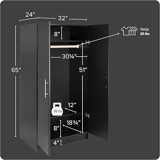 Prepac Elite 32" Storage Cabinet Closet, Black Storage Cabinet, Linen Cabinet, Wardrobe Cabinet with Hanging Rail and Shelves 24.5" D x 32" W x 65" H