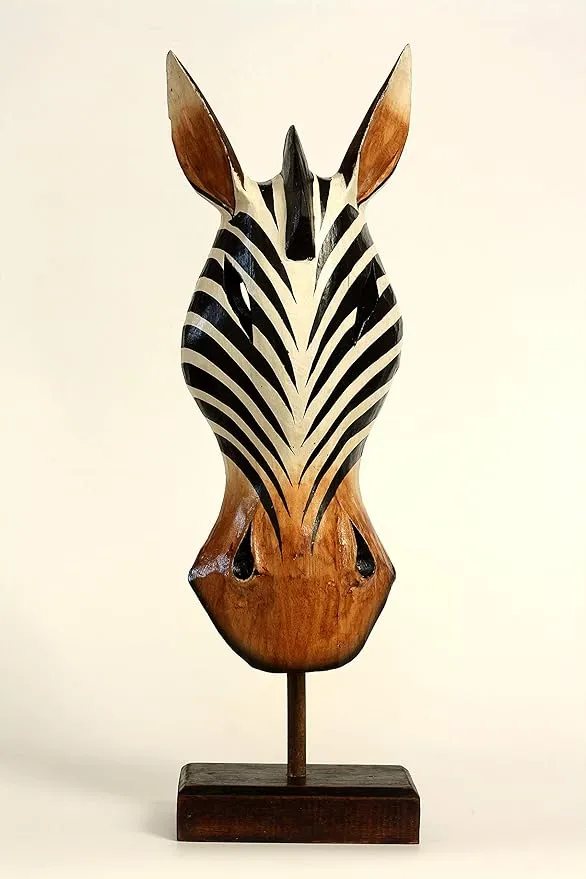 G6 Collection 19" Wooden Tribal Zebra Mask with Stand Hand Carved Home Decor Accent Sculpture Decoration Handmade Handcrafted Mask Stand Alone