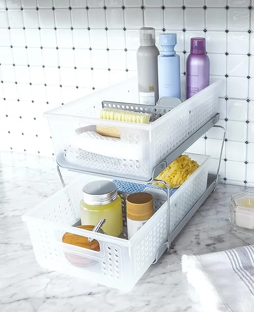 madesmart 2-Tier Organizer, Multi-Purpose Slide-Out Storage Baskets with Handles and Dividers, Frost