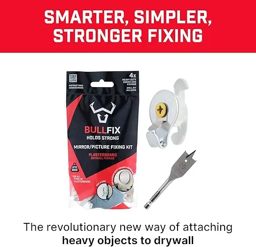 Bullfix Mirror/Picture Hanging Kit - Heavy Duty Drywall Anchors for Pictures, Mirrors and Canvases - 4 Bullfix Universal Fixings with Collars, Hooks & Drillbit, Picture Frame Fixings Kit