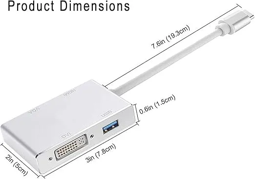 USB C to VGA HDMI DVI USB3.0 Adapter, 4 in 1 USB3.1 Type-C Hub Male to Female Multi-Display Video Converter for Mac Pro, MacBook Air, iPad Pro, XPS, and More