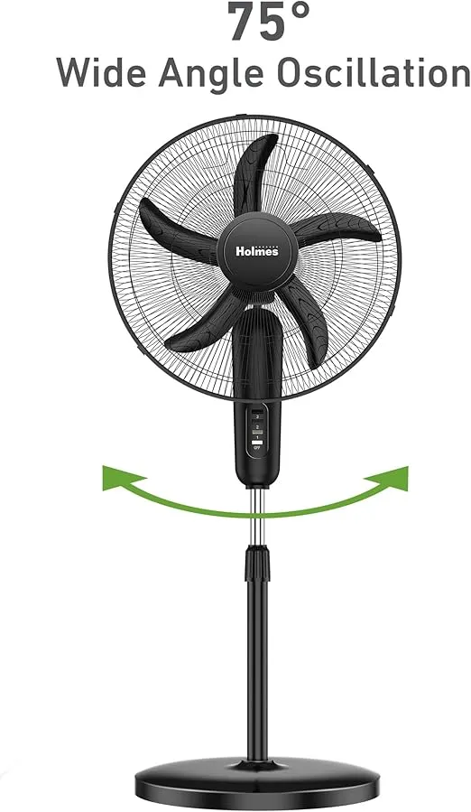 HOLMES 18" Stand Fan, 75° Oscillation, 3 Speeds, 5 Blades, Adjustable Height, 25° Head Tilt, Ideal for Home, Bedroom or Office, Black