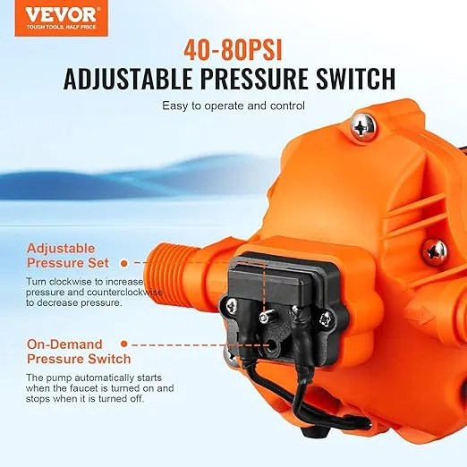 VEVOR Water Pressure Diaphragm Pump, RV Water Pump, Fresh Water Pump110V AC, 3.3 GPM, Pressure Adjustable, Self Priming Sprayer Pump with Pressure Switch for RV Camper Marine Boat Lawn, FCC Certified