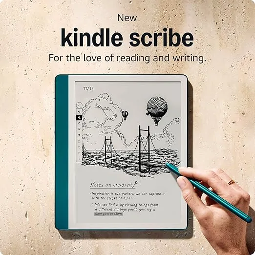 New Amazon Kindle Scribe (64GB) - Redesigned display with uniform borders. Now write directly on books and documents. With built-in notebook summarization. Includes Premium Pen - Metallic Jade