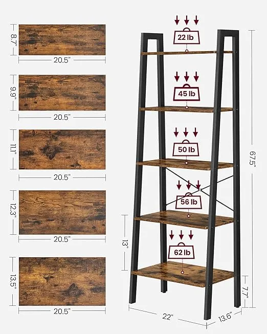 VASAGLE Ladder Shelf, 5-Tier Bookshelf, Storage Rack, Bookcase with Steel Frame, Wood Look Accent Furniture with Metal Frame, 22.1 x 13.3 x 67.7 Inches, Rustic Brown ULLS45X