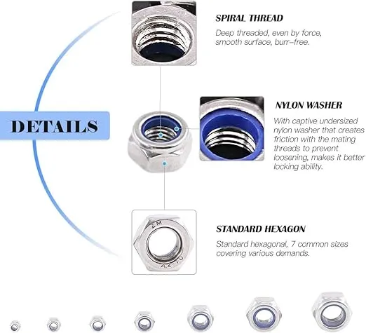 M4x0.7mm Nylon Insert Hex Lock Nuts,50pcs 304 Stainless Steel Nylon Insert Hex Lock Nuts for Industrial and Construction Fasteners
