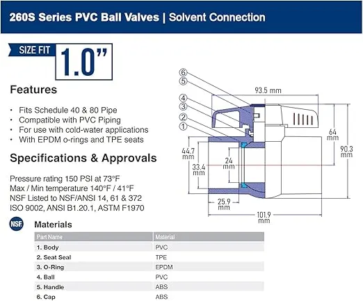 Midline Valve PVC Ball Valve Red T-Handle Water Shut-Off 1 in. Solvent Connections White Plastic (482T100)