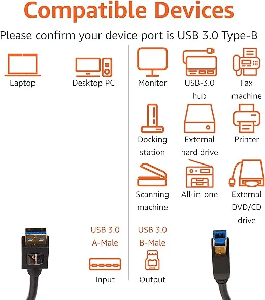 Amazon Basics USB-A to USB-B 3.0 Cable, 4.8Gbps High-Speed with Gold-Plated Plugs, 6 Foot, Black