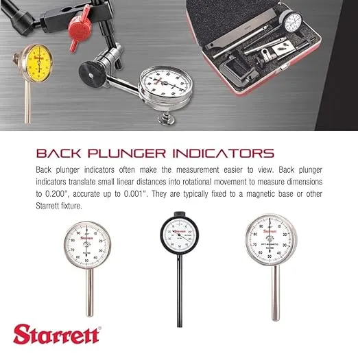 Starrett Universal Dial Test Indicator Set with Back Plunger for Full Use - White Face, 0-100 Reading, .200" Range, 0.001" Graduation, 1/4" Shank Diameter for Mounting - 196B1
