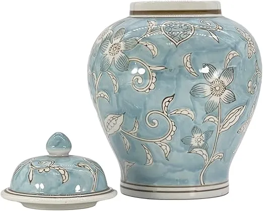 Galt International Light Blue and White Flower Chinoiserie Jar 12" w/Lid - Ginger Jar, Tea Storage, Decorative, Home Décor Jar