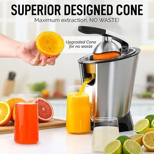 Zulay Citrus Juicer Electric - Stainless Steel Orange Juicer With 160W Powerful Motor - Interchangeable Cones For All Citrus - Filters Out Seeds & Pulp - Dishwasher-Safe Parts