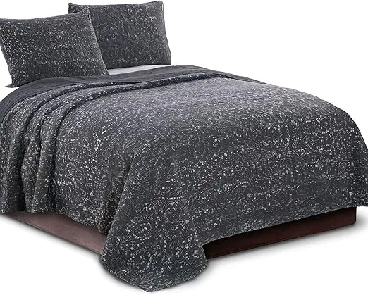 Kasentex Ultra Soft Stone-Washed Quilt Set 100% Cotton Contemporary Stitched Floral Design Bedspread Lightweight Comforter Coverlet Bedding w/Pillow Cover Shams, Queen Size, Charcoal Grey