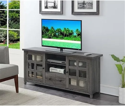 Convenience Concepts Newport Park Lane 1 Drawer TV Stand with Storage Cabinets and Shelves for TVs up to 65 Inches, Weathered Gray