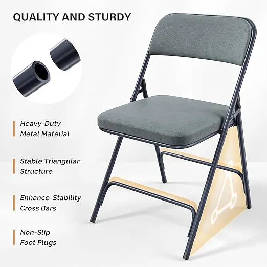 VINGLI Padded Folding Chairs with Thick Seat Cushion, Portable, Durable & Extra Comfortable Foldable Chairs for Indoor & Outdoor Events, Banquet, Party, Dinning, Work, Craft, Fabric, Gray, 1 Pack