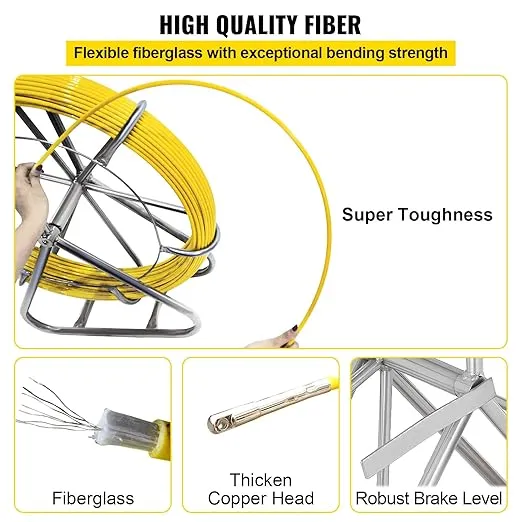 Happybuy Fish Tape Fiberglass 6MM 656FT,Duct Rodder Fish Tape Puller Fiberglass Wire Cable Running with Cage and Wheel Stand,Durable Steel Reel Stand,Fish Tape Min Bending Radius 13 inch/330 mm
