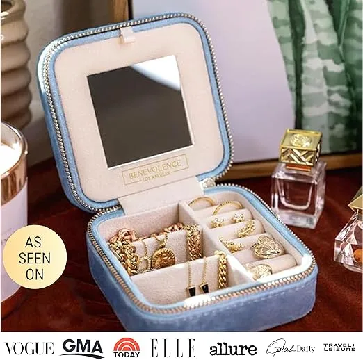 Benevolence LA Plush Velvet Jewelry Box | Travel Jewelry Case Organizer with Mirror | Featured in Oprah's Favorite Things | Best Gifts For Daughter, Girlfriend, Mom | Gifts For Her - Periwinkle Blue