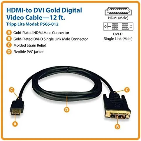 Tripp Lite HDMI to DVI Cable, Digital Monitor Adapter Cable (HDMI to DVI-D M/M) 12-ft.(P566-012),Black