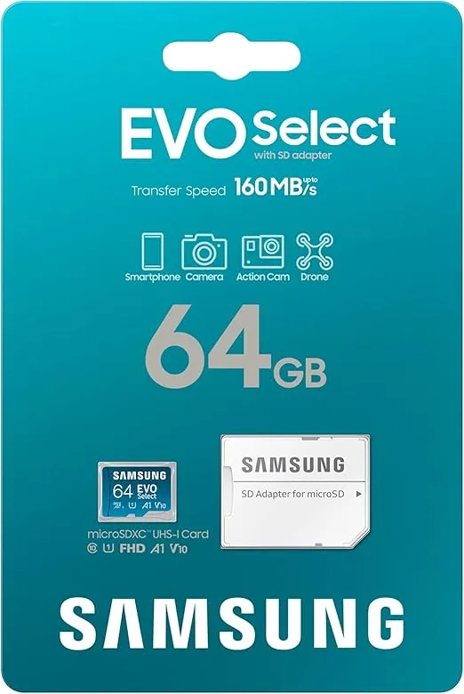 SAMSUNG EVO Select microSD Memory Card + Adapter, 64GB microSDXC, Up to 160 MB/s, UHS I, C10, U1, V10, A1, for Mobile Phone, Smartphones, Nintendo-Switch, and Tablets (MB-ME64SA/AM)