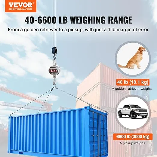 VEVOR Hanging Scale, Crane Scale Industrial Heavy Duty with Remote Control, Cast Aluminum Case & LED Screen, 6600 lbs/3000 kg, Digital Crane Scale High Precision for Construction, Factory, Farm