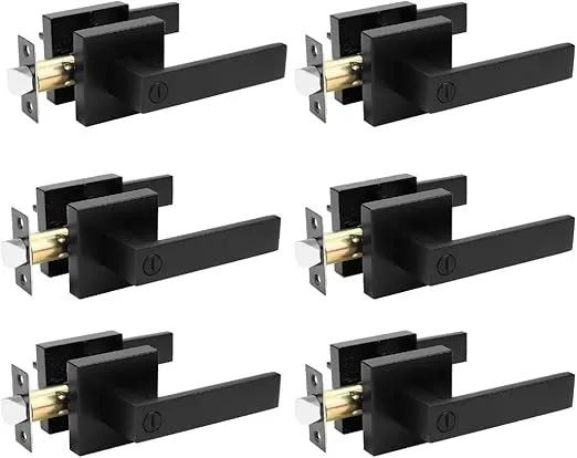 6 Pack Black Privacy Lever Door Handles, Square Bath Bed Door Handles, Heavy Duty Keyless Interior Door Handles, Reversible for Left Right Doors