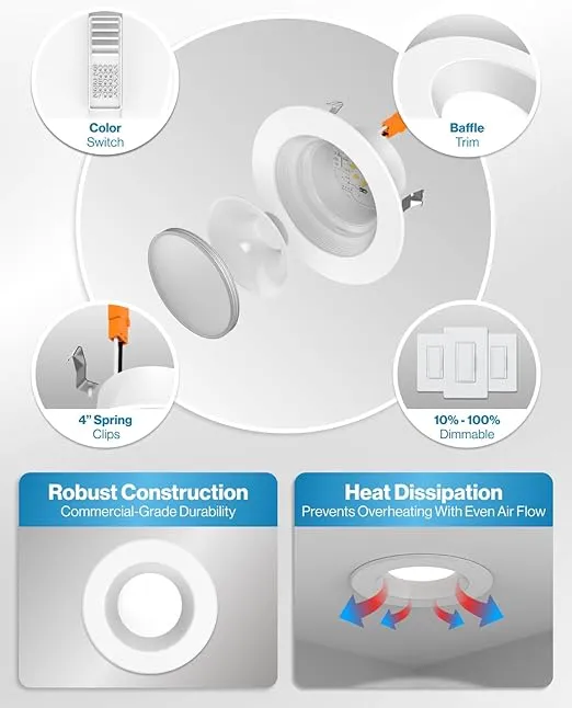 Sunco 4 Pack 5 CCT Retrofit LED Recessed Lighting 4 Inch, 2700K/3000K/3500K/4000K/5000K Selectable, Dimmable Can Lights, Baffle Trim, 11W=60W, 660LM, Damp Rated
