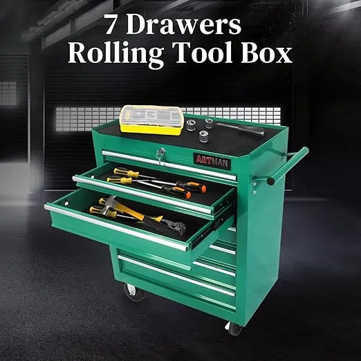 Rolling Tool Chest with 7-Drawer Tool Box with Wheels Multifunctional Tool Cart Mechanic Tool Storage Cabinet for Garage, Warehouse, Workshop, Repair Shop (Green)