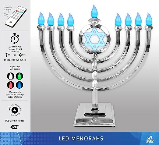 Ner Mitzvah LED Electric Hanukkah Menorah - Color Changing LED Traditional Classic Chanukah Menorah with Remote - Battery or USB Powered - USB Cord Included - Silver.