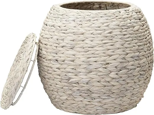 Household Essentials Large Round Woven Wicker Basket Side Table with Removable Lid, 17 Inches Wide 19 Inches Tall, Cream