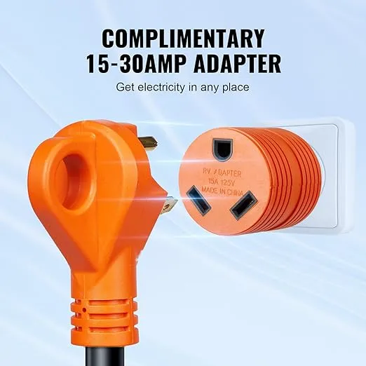 VEVOR 25 Feet RV Power Cord, 30 Amp, Heavy Duty STW 3 * 10AWG Generator Cord, NEMA TT-30P Male NEMA L5-30R Female Plug, for RVs, ETL Listed