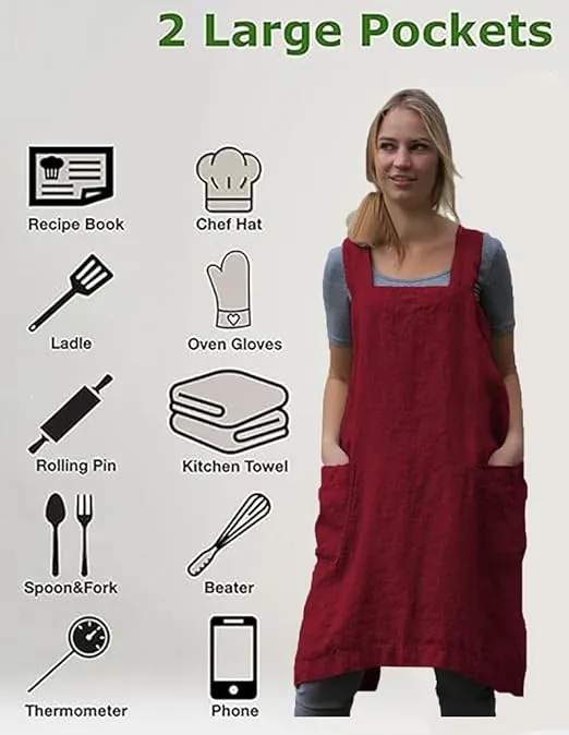 Japanese Aprons Plus Size Smock for Women with Pockets Cross Back Pinafore Dress Apron Baking Cooking Gardening